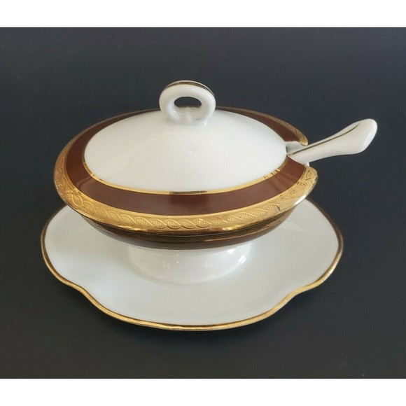 Richard Ginori Palmero Brown China Mustard Pot Tureen with Underplate & Spoon - Picture 1 of 12